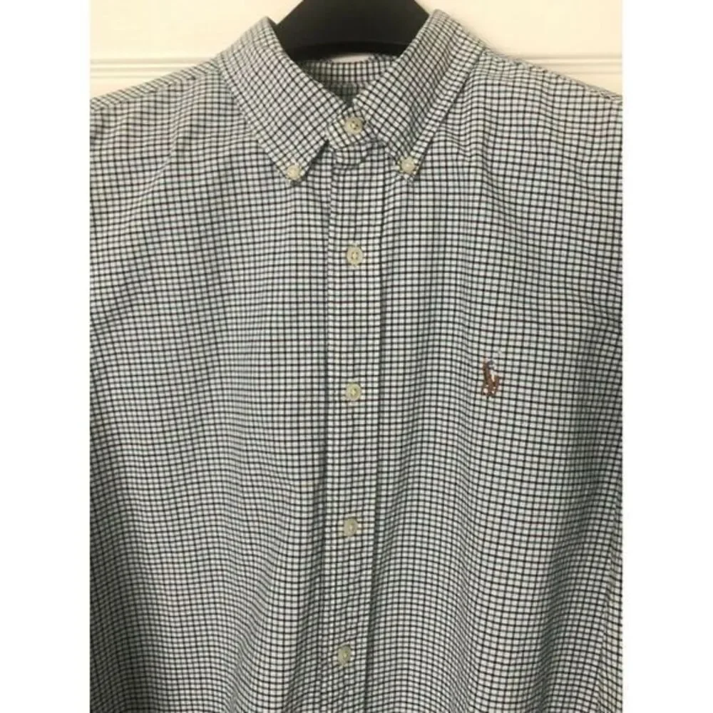 Ralph Lauren Men's Large Long Sleeve Button Pony Shirt Blue‎ Green Check *Stain